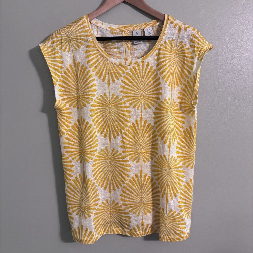 Joie Women’s L 100% Linen Shirt Geometric Leaf Botanical Lagenlook Resort Chic